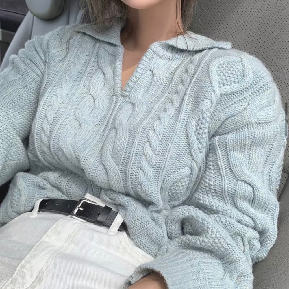 Cable knit sweater collar knit cable knit gray blue long sleeve - Picture 3 of 5